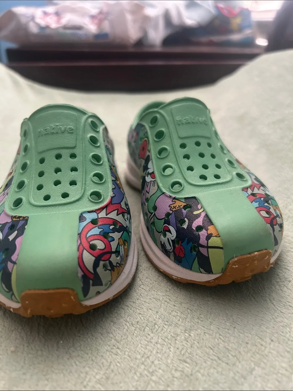 Native Disney Kids Slip-On Water Shoes in Mint Green with Multicolor Graphic